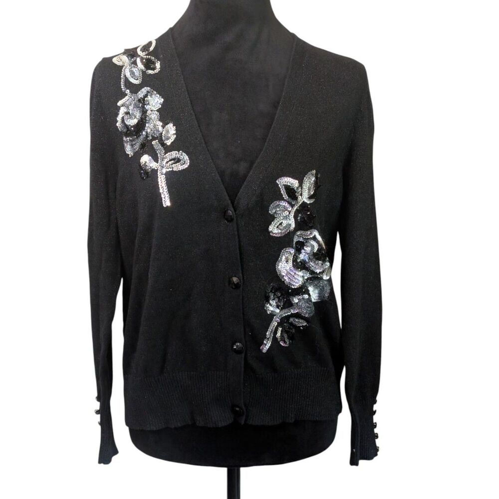 Once Again Black Sequin Floral Cardigan Sweater Size XL Metallic Cotton